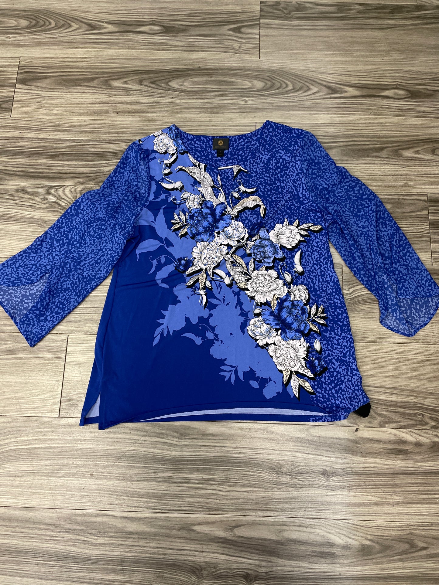 Top 3/4 Sleeve By Jm Collections In Blue & White, Size: L