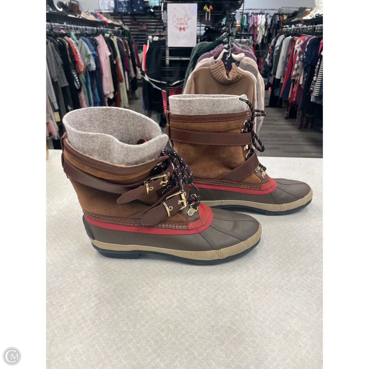 Boots Luxury Designer By Burberry In Brown, Size: 10